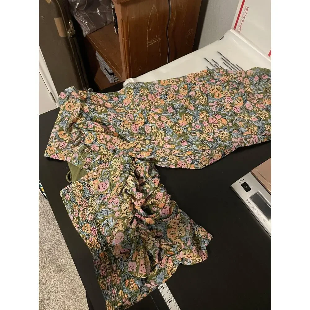 Free People Women Top Large Floral Ruched Puff Sleeve Open Back Cottagecore Boho